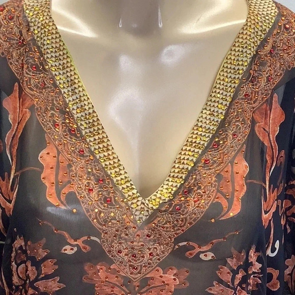 V-Neck Crystal Embellished Sheer Boho Kaftan Dress One Size Fits Most New - Picture 4 of 9